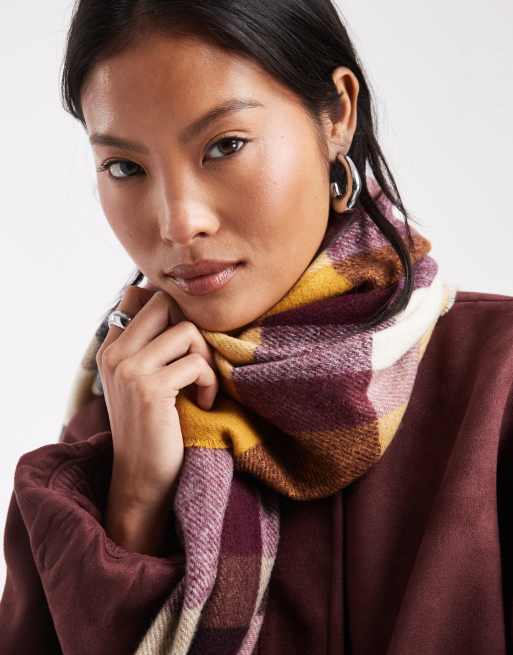 Vero Moda super soft tassle trim scarf in burgundy, cream and yellow check print, 2 of 3