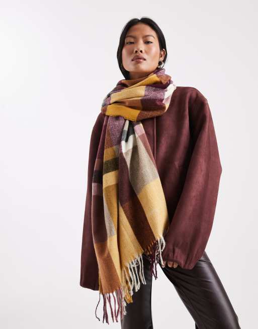 Vero Moda super soft tassle trim scarf in burgundy, cream and yellow check print, 3 of 3