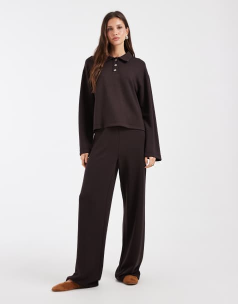 Vero Moda super soft tie waist wide leg sweatpants in chocolate brown - part of a set - view 1
