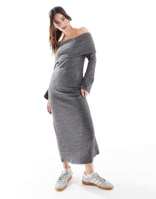 supersoft off shoulder ankle dress in dark gray melange