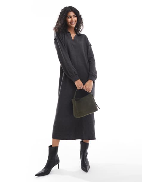Vero Moda - Superzachte midaxi jurk met polohals in gemêleerd zwart - view 1