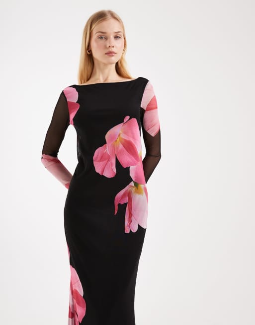 Vero Moda – Svart maxiklänning i mesh med långa ärmar och stora blommor, 3 av 4