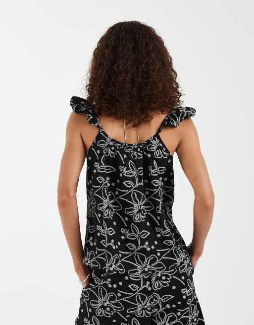 Vero Moda – Svart och gräddvit, blommig, vävd topp med volangaxlar och v-ringning, del av set, 4 av 4