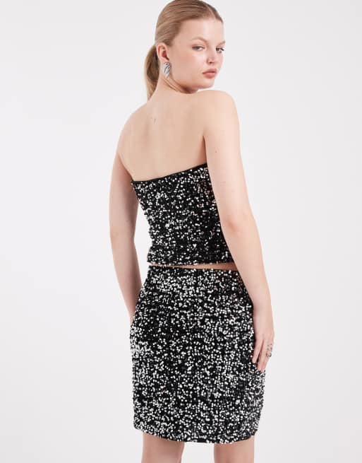 Vero Moda – Svart och silverfärgad bandeau-topp med paljetter och struktur, del av set, 4 av 4