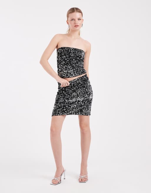 Vero Moda – Svart och silverfärgad minikjol med paljetter och struktur, del av set, 4 av 5