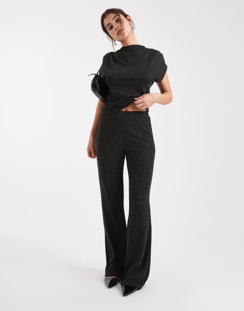 Vero Moda – Svart och silverfärgade byxor med vida ben och glitter, del av set - view 1