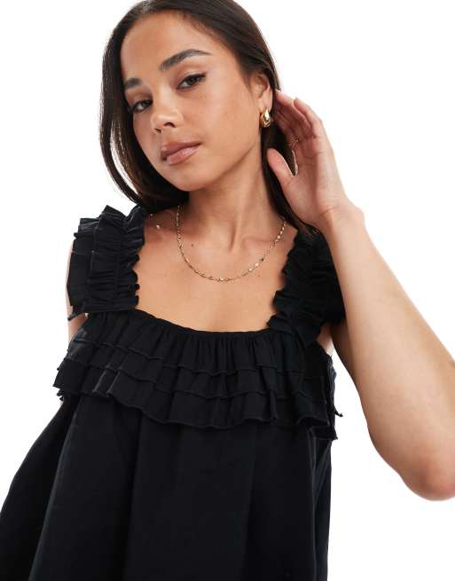 Vero Moda – Svart, plisserat linne med volangkant, 3 av 4