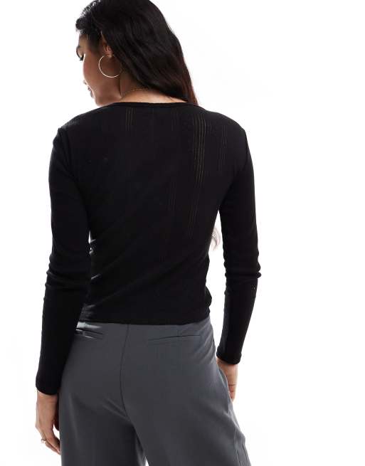 Vero Moda – Svart, pointellestickad topp med långa ärmar, 3 av 4