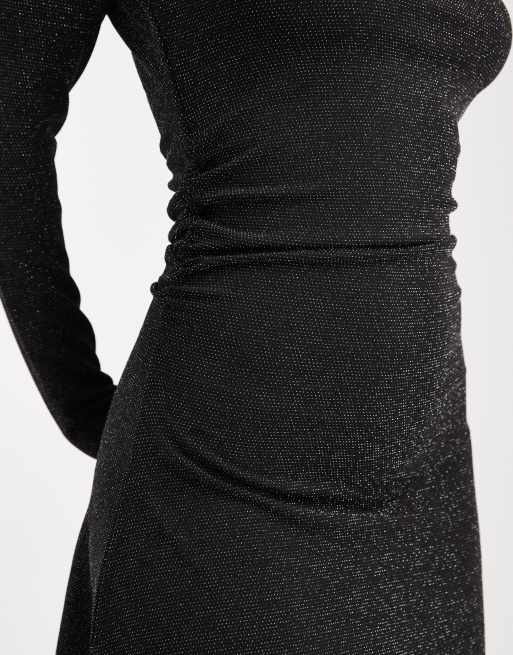Vero Moda – Svart, silverfärgad och glittrig miniklänning med långa ärmar och rysch, 4 av 4