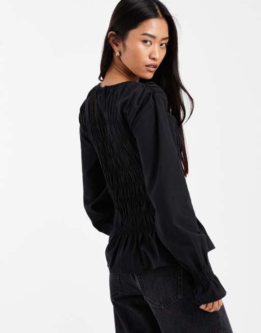 Vero Moda – Svart smockad topp med poetärmar, 3 av 4