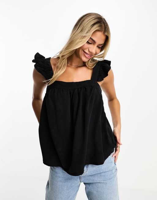 Vero Moda – Svart topp med volangärm och fyrkantig ringning