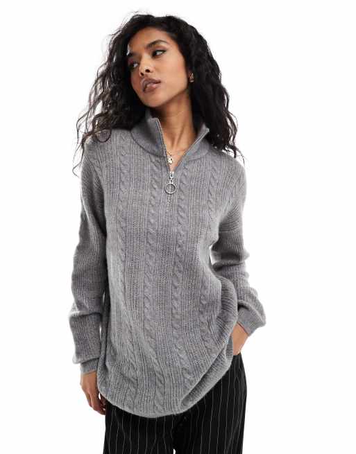 Vero Moda – Sweter o wydłużonym fasonie w szarym melanżowym kolorze z zapięciem na suwak z przodu
