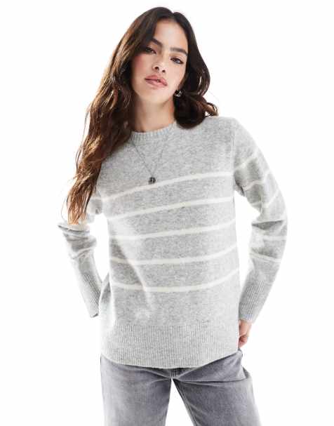 Vero Moda – Sweter w kremowo-szare paski z okrągłym dekoltem - view 1