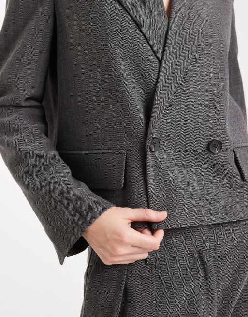 Vero Moda – Szara krótka dopasowana marynarka oversize w jodełkę, część zestawu, 4 z 4