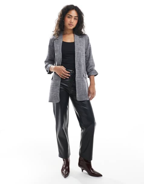 Vero Moda ruched sleeve blazer in salt and pepper melange