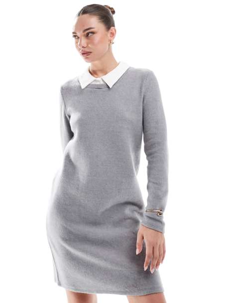 Vero Moda 2 in 1 knitted mini dress with collar in mid grey melange