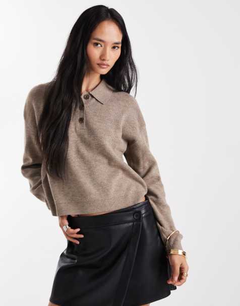 Vero Moda – Szarobrązowy sweter z kołnierzykiem polo zapinanym na guziki - view 1