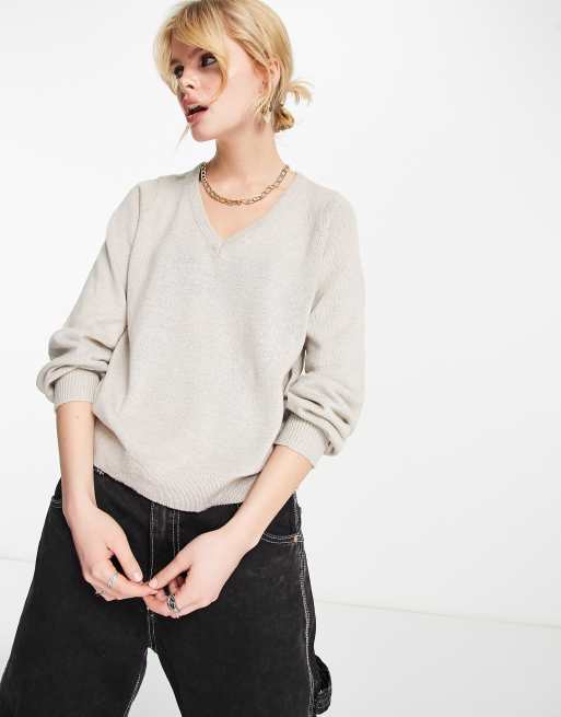 Vero Moda – Szarozielony sweter z dekoltem w kształcie litery V