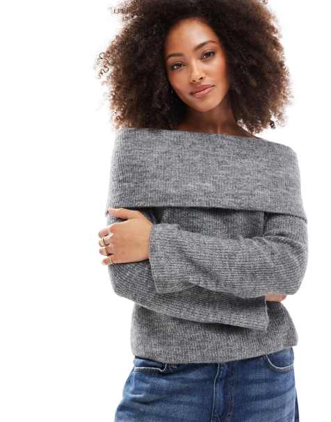 Vero Moda slouchy off shoulder jumper in medium grey melange
