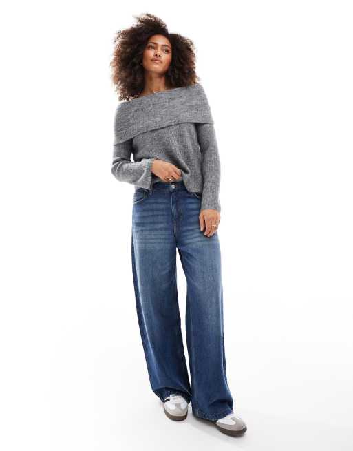 Vero Moda – Szary melanżowy luźny sweter z odsłoniętymi ramionami, 2 z 4