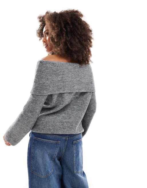 Vero Moda – Szary melanżowy luźny sweter z odsłoniętymi ramionami, 3 z 4