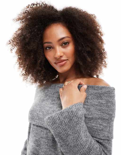 Vero Moda – Szary melanżowy luźny sweter z odsłoniętymi ramionami, 4 z 4