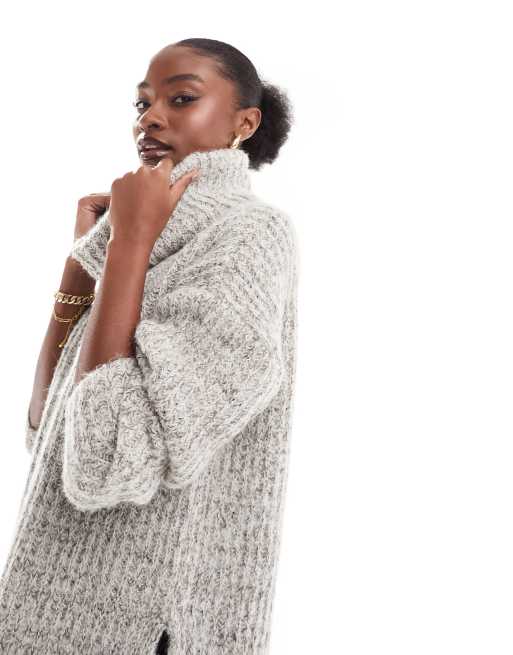Vero Moda – Szary melanżowy sweter oversize o wydłużonym fasonie z golfem 
