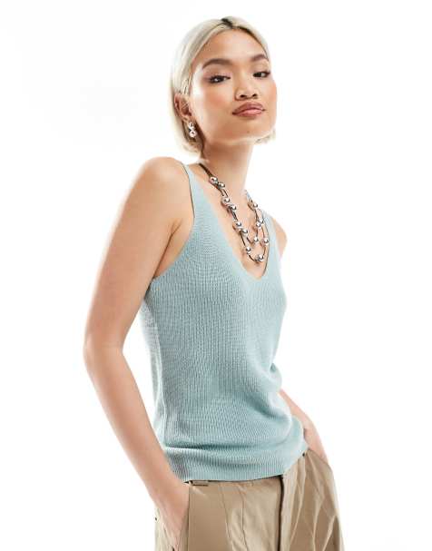 Vero Moda ribbed knit v neck cami top in grey mist