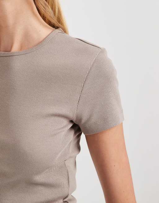 Vero Moda - T-shirt a coste con scollo rotondo beige moonrock, 3 di 4