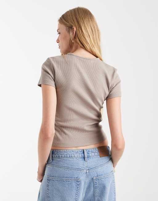 Vero Moda - T-shirt a coste con scollo rotondo beige moonrock, 4 di 4