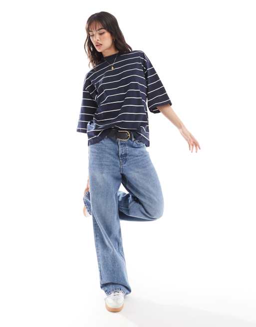 Vero Moda - T-shirt accollata blu navy a righe con spalle scese, 2 di 4