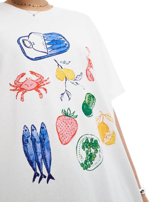 Vero Moda - T-shirt bianca oversize stile boyfriend con grafica di cibo estivo, 3 di 4