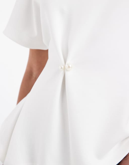 Vero Moda - T-shirt cintré à la taille avec perles - Blanc, 3 de 4
