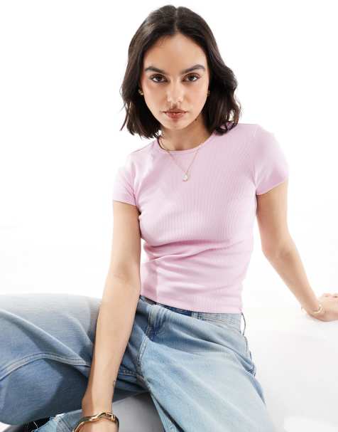 Vero Moda - T-shirt color rosa pastello a coste con scollo rotondo - view 1