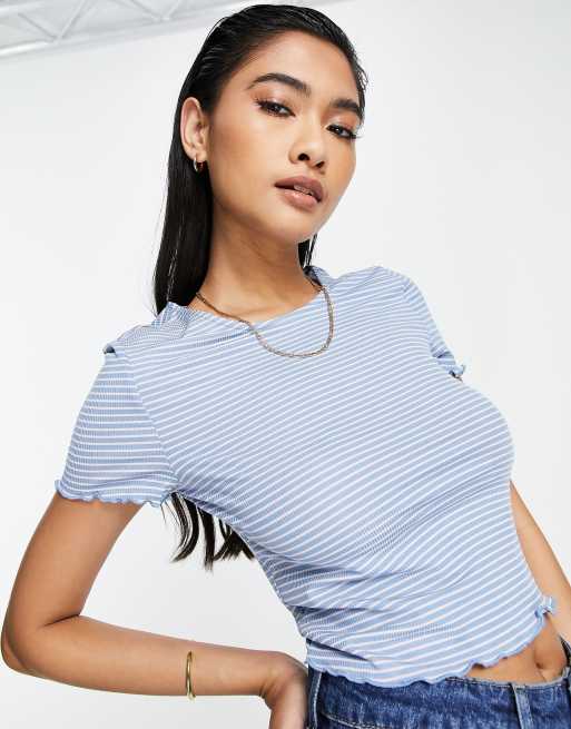 Vero Moda - T-shirt con bordo smerlato a righe blu e rosa in coordinato