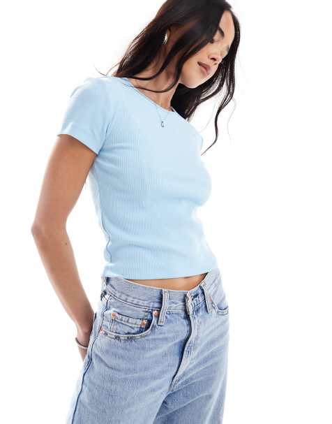 Vero Moda - T-shirt côtelé à col rond - Bleu pastel - view 1