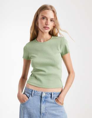 T-shirt côtelé à col rond - Vert gui S