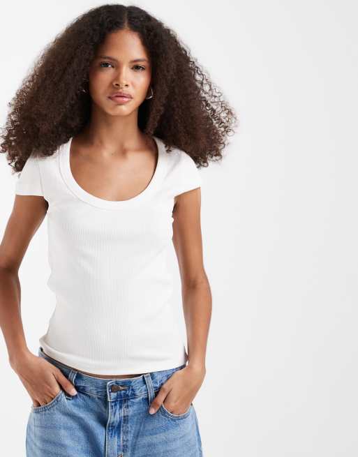 Vero Moda - T-shirt côtelé à encolure dégagée - Blanc, 2 de 4