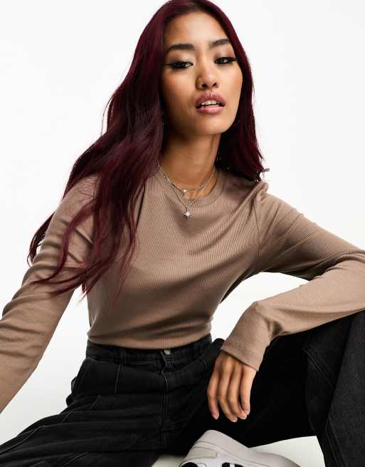 Vero Moda T-shirt côtelé à manches longues Marron ASOS