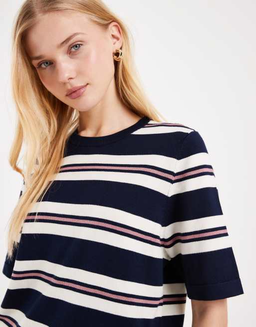 Vero Moda - T-shirt coupe carrée en maille rayée avec manches courtes - Bleu marine/crème/rose, 4 de 4