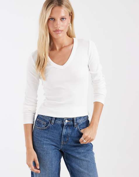 Vero Moda T-shirt med dyb v-hals og lange ærmer i hvid - view 1