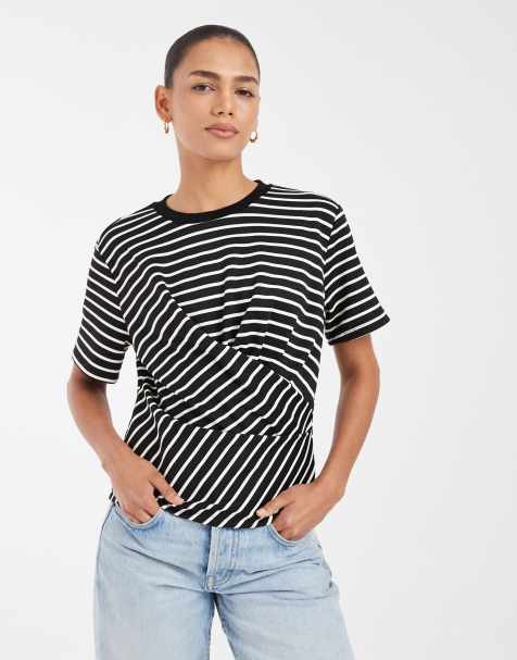 Vero Moda t-shirt med rynkdetalj i krämvitt och svart randig - view 1