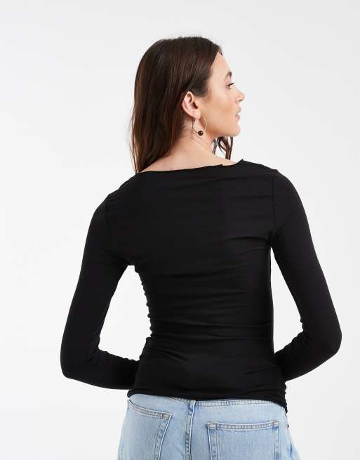 Vero Moda T-shirt med v-hals og lange ærmer med blondetrim i sort, 4 af 4