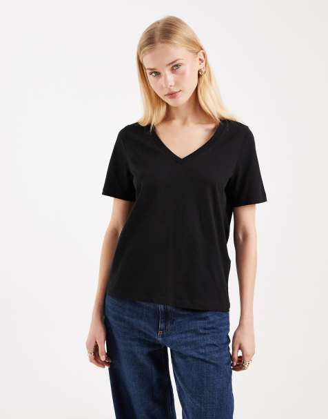 Vero Moda – T-Shirt mit V-Ausschnitt in Schwarz - view 1