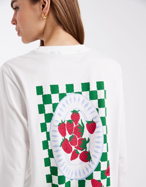 Vero Moda - T-shirt oversize à manches longues avec imprimé damier et fraise au dos - Blanc, 2 de 4