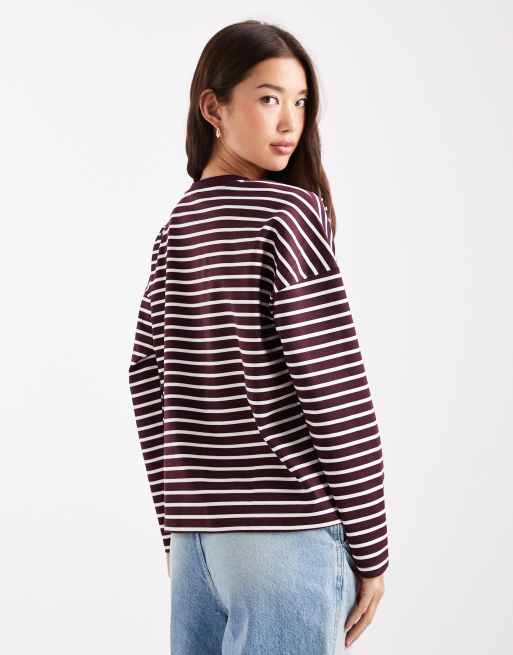 Vero Moda - T-shirt oversize a maniche lunghe bordeaux e bianca a righe, 4 di 4