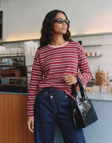 Vero Moda - T-shirt oversize a maniche lunghe in cotone rosa e rosso a righe - view 1