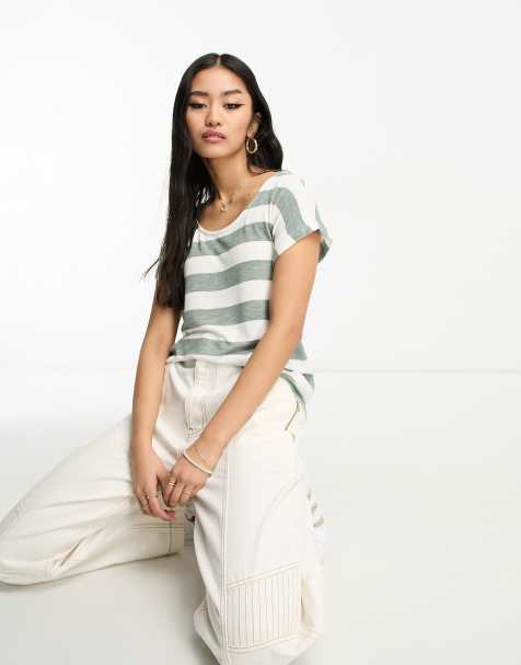 Vero Moda – T-shirt oversize w paski w kolorach białym i khaki - view 1