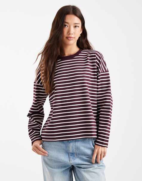 Vero Moda – T-shirt oversize z długimi rękawami w bordowo-białe paski - view 1
