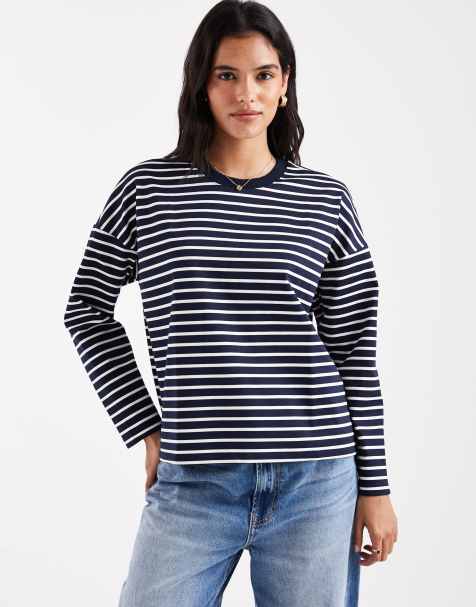 Vero Moda – T-shirt oversize z długimi rękawami w granatowo-białe paski - view 1